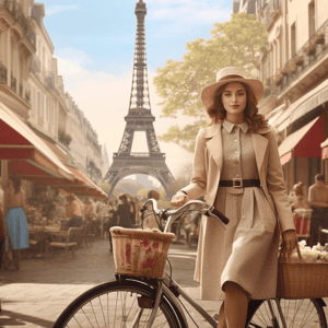 Elegant woman on a bike in a street leading to the Eiffel Tower