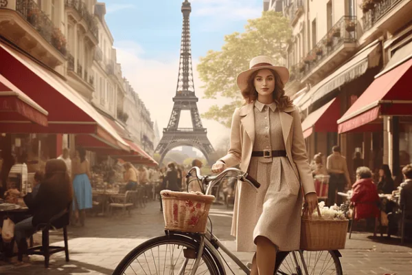 Elegant woman on a bike in a street leading to the Eiffel Tower