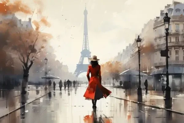 stylish woman walking to the Eiffel Tower