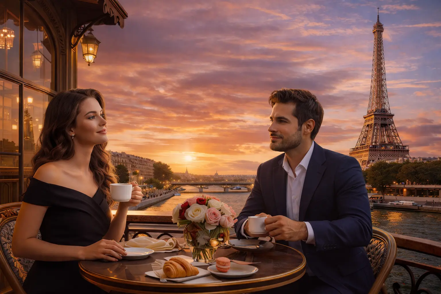 pretty woman and handsome man eating in front of the Seine river and the Eiffel tower.