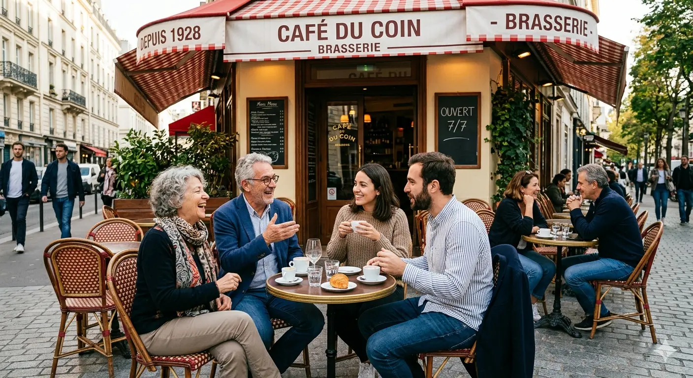 French café table with a coffee and croissant.