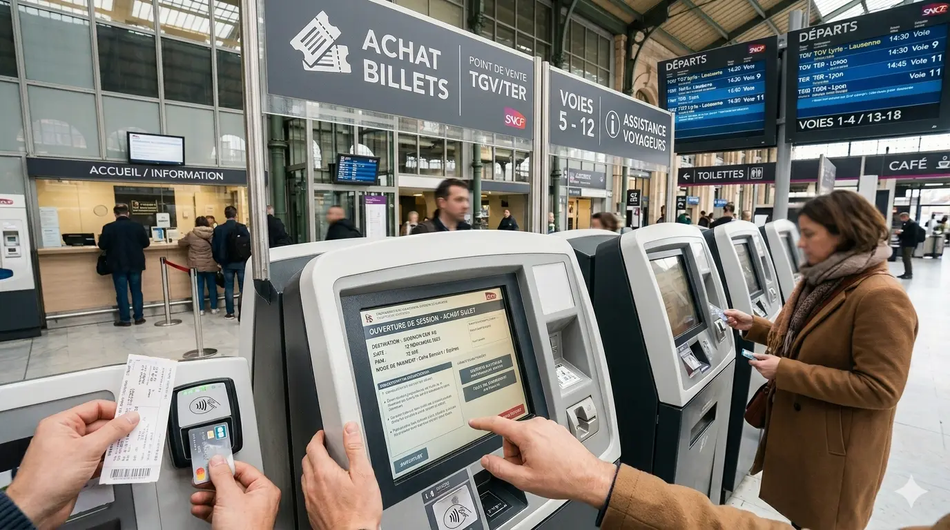 French train station departure board showing times to Paris and Lyon - A1 vocabulary practice
