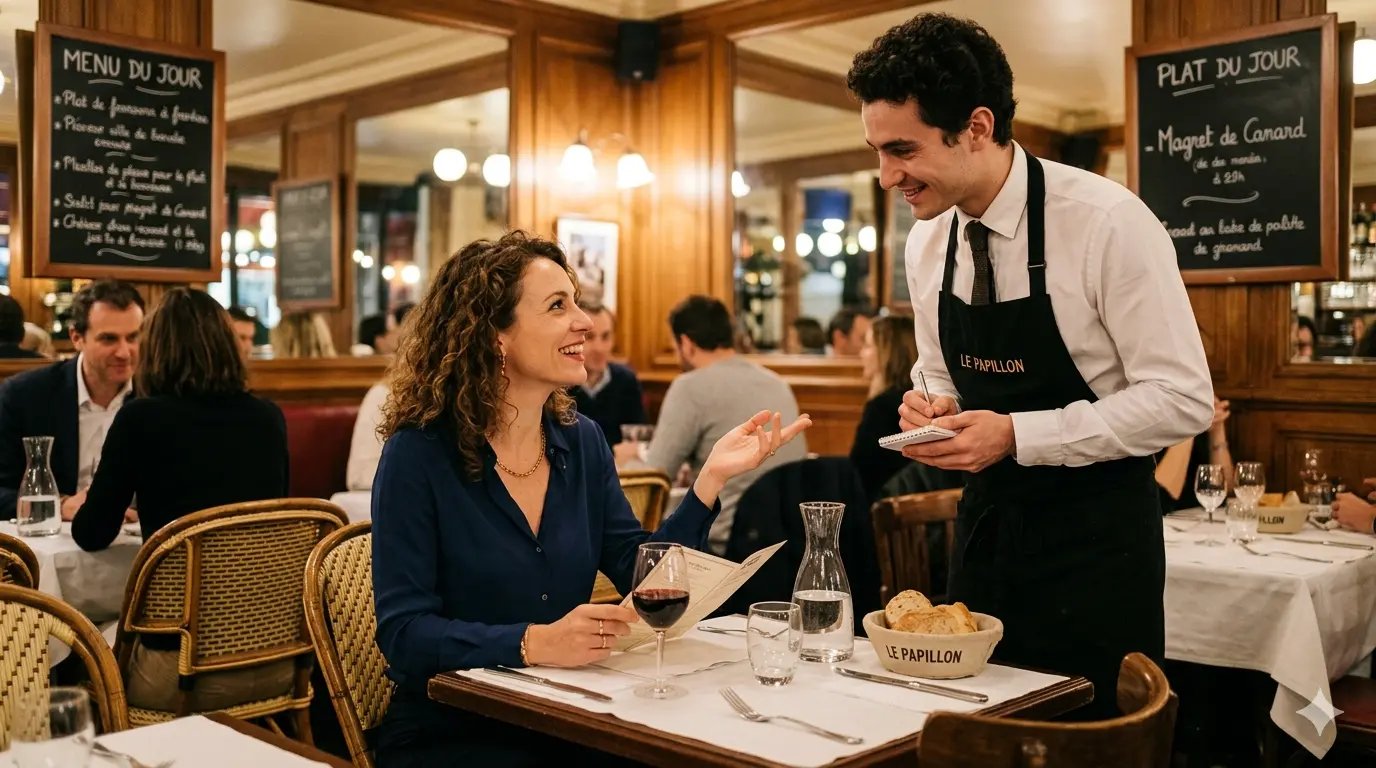 Ordering food in French beginner dialogue