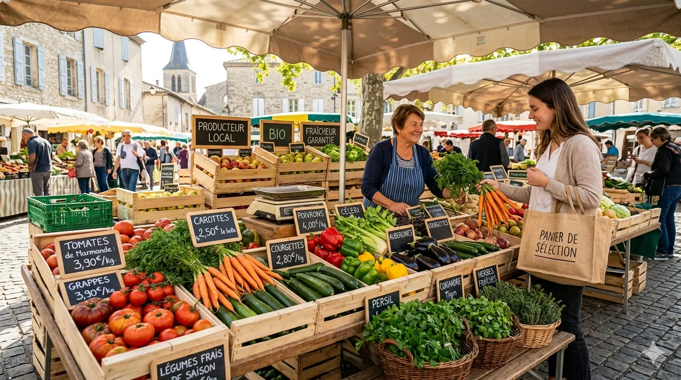 French farmers market stall with apples and strawberries - A1 vocabulary practice