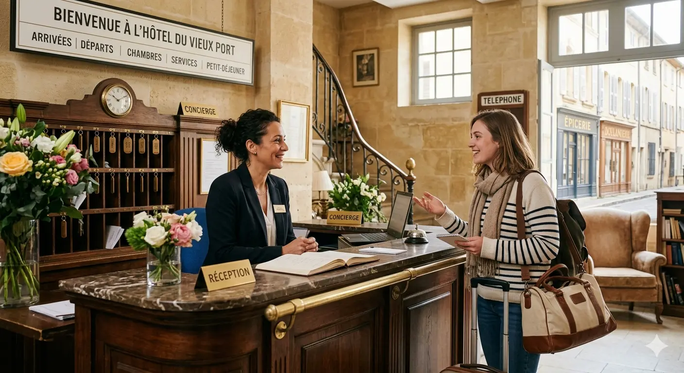 Beginner French student practicing hotel booking phrases