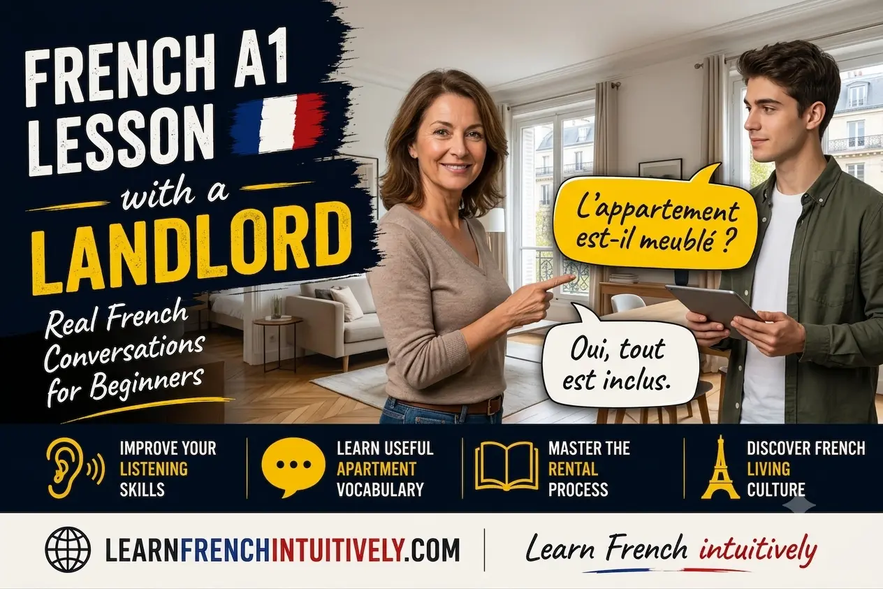 Student visiting a French apartment with a real-estate agent during a French A1 lesson.